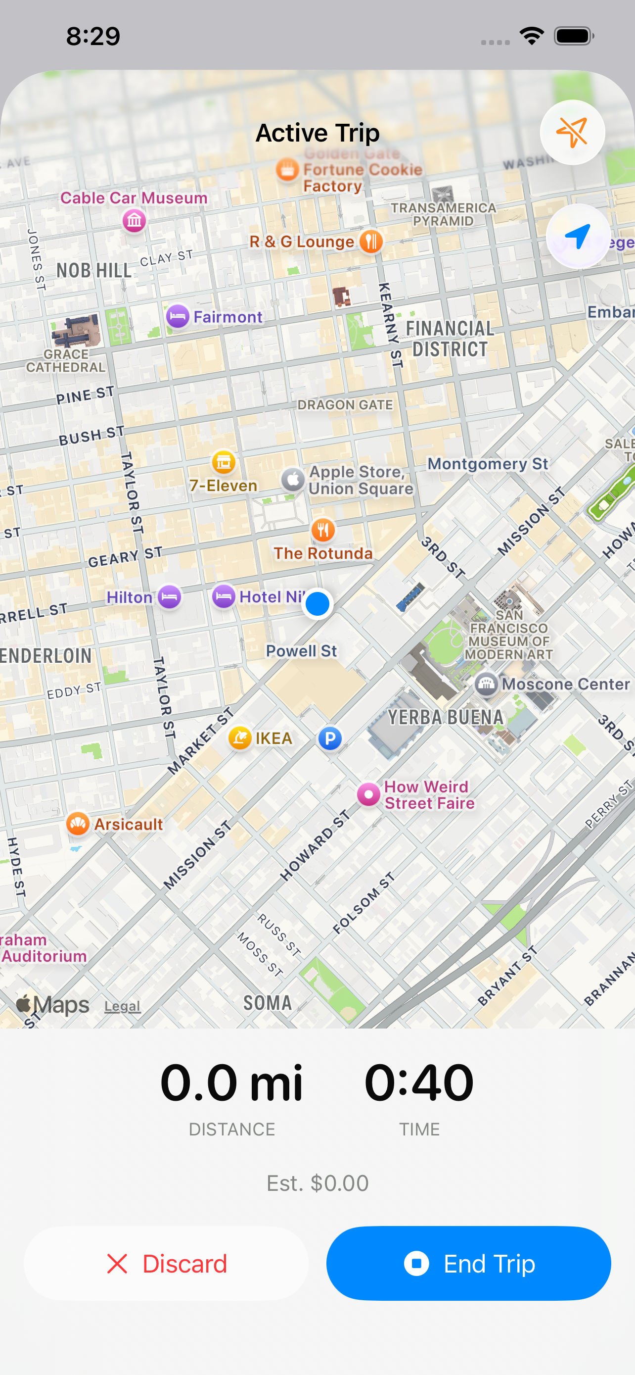 Active GPS trip tracking with live map and distance