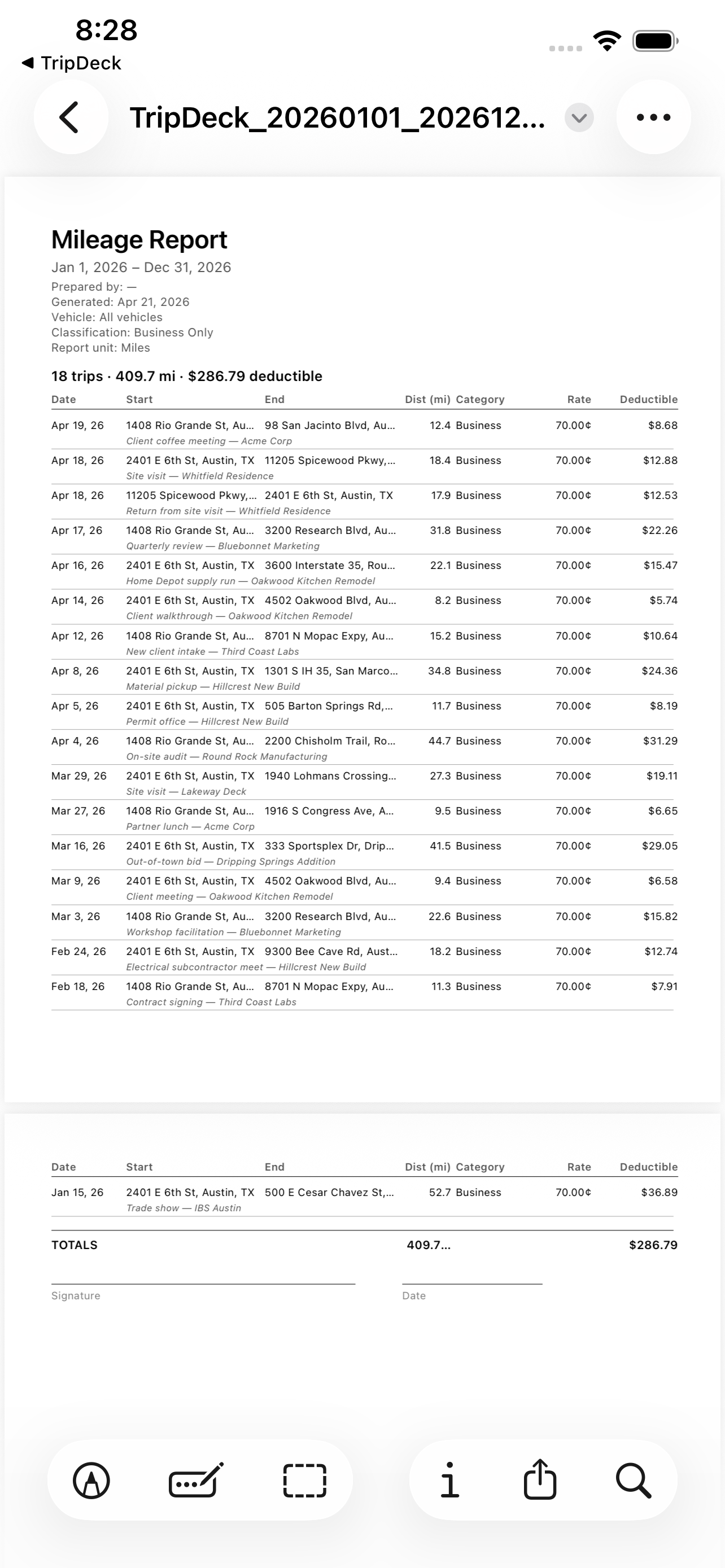 IRS-compliant PDF mileage report
