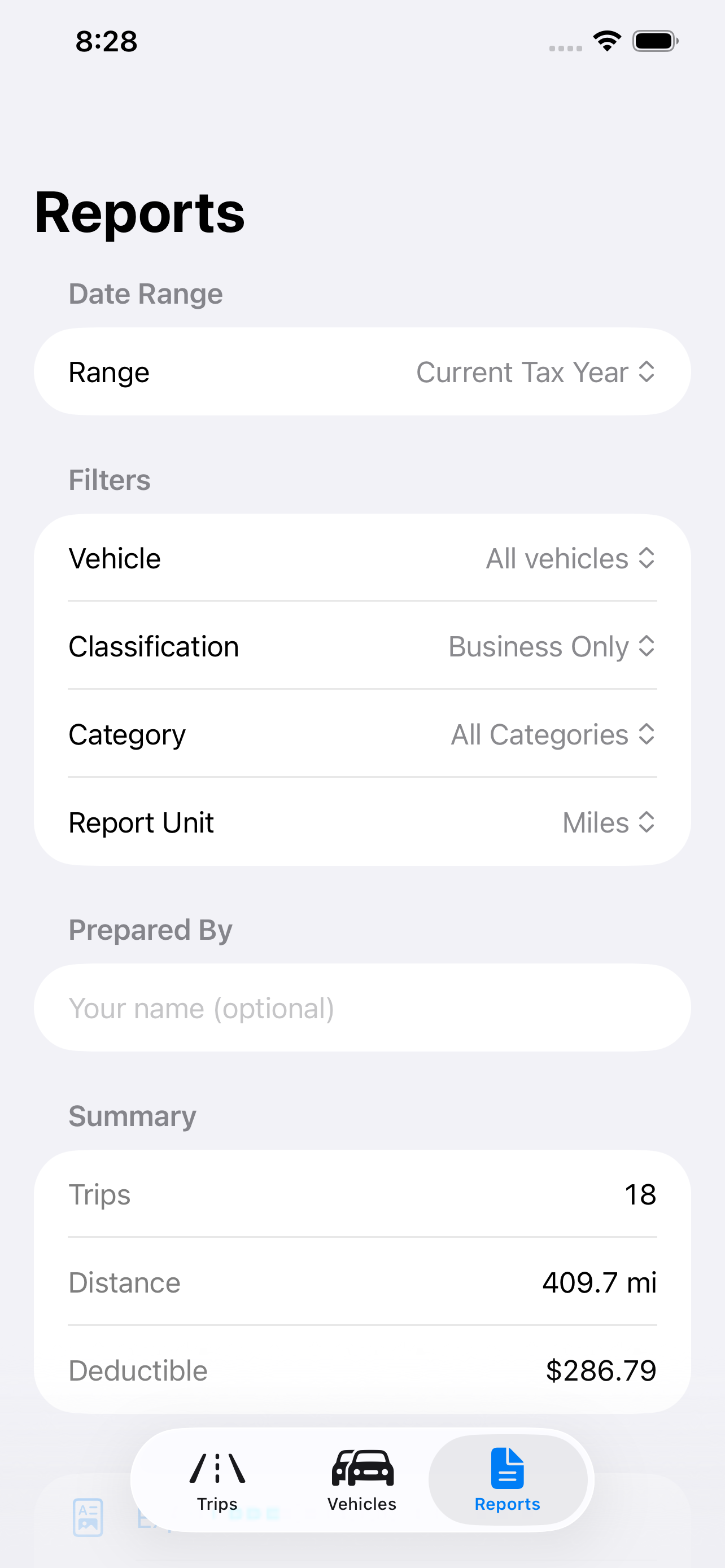 Reports with filters and deductible summary