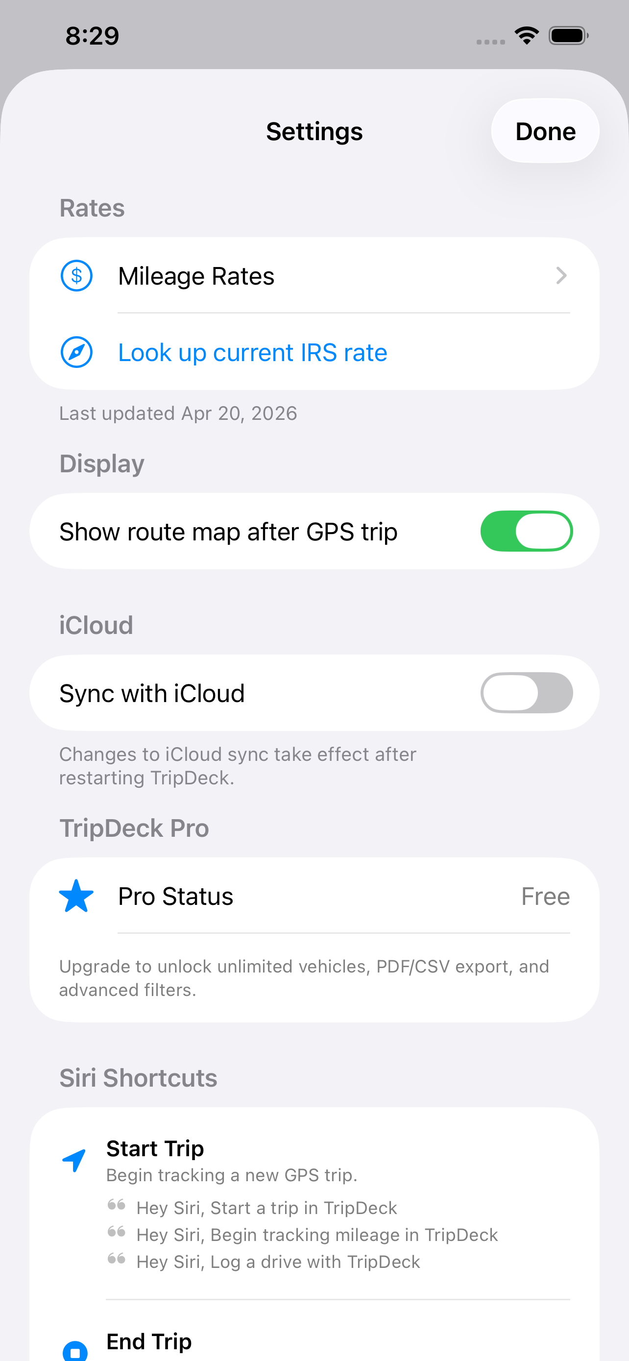 Settings with mileage rates, iCloud sync, and Siri Shortcuts