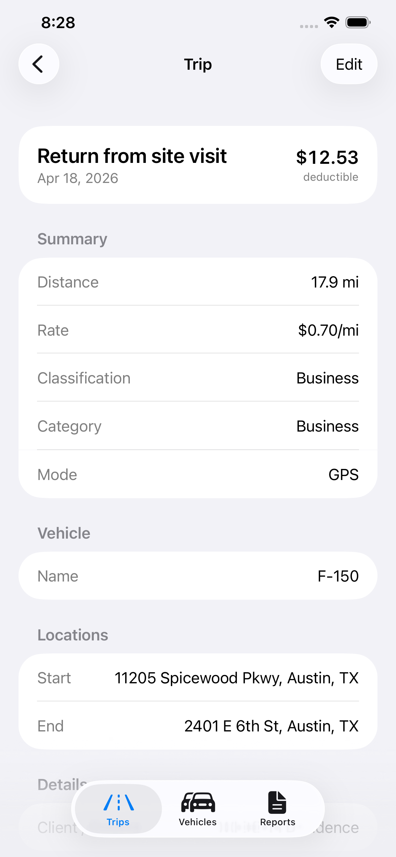 Trip detail with summary, vehicle, and locations