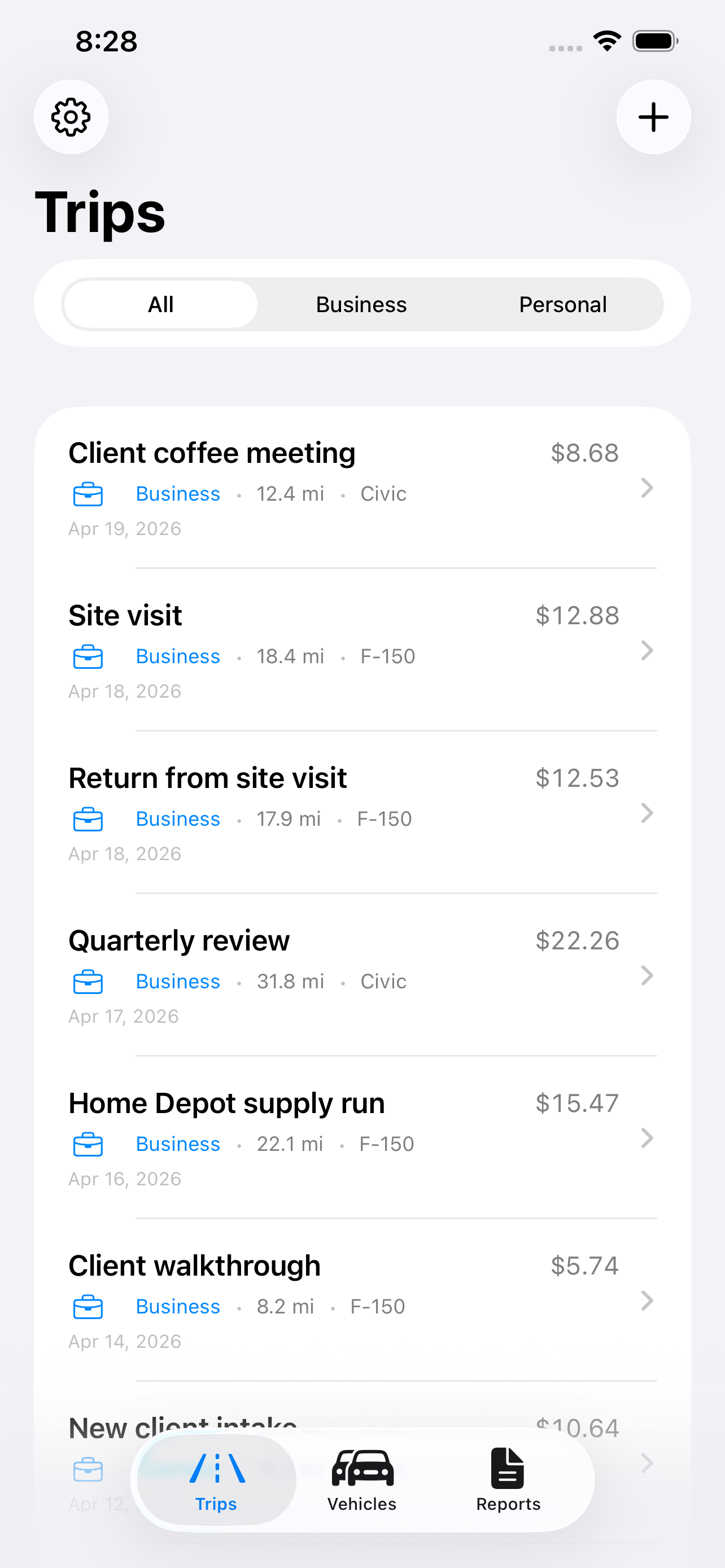 Trip list with business and personal classification