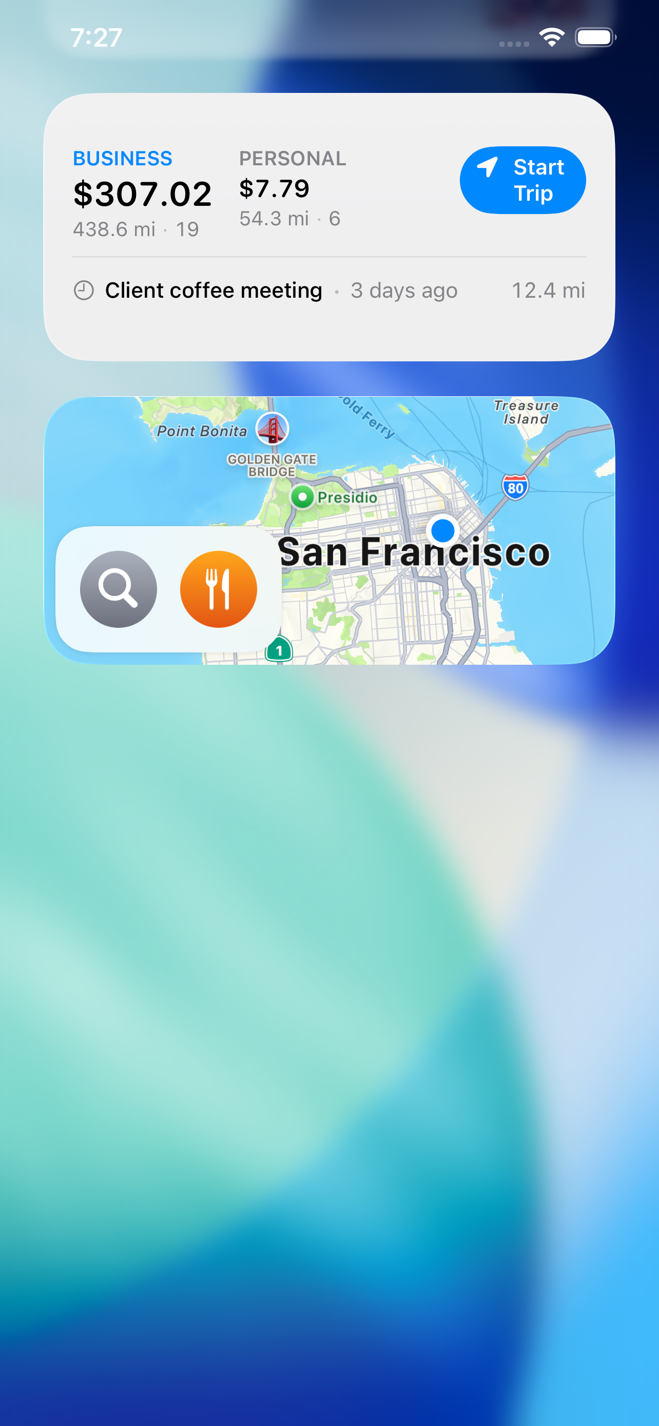 Home Screen widget with business and personal totals and Start Trip button