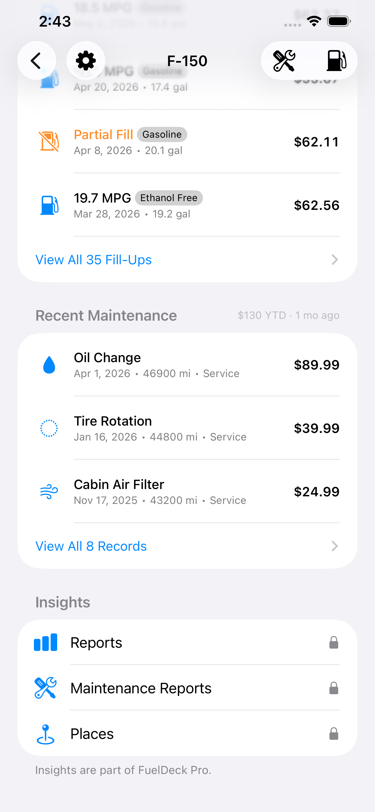 Recent maintenance and the Insights section gated by FuelDeck Pro