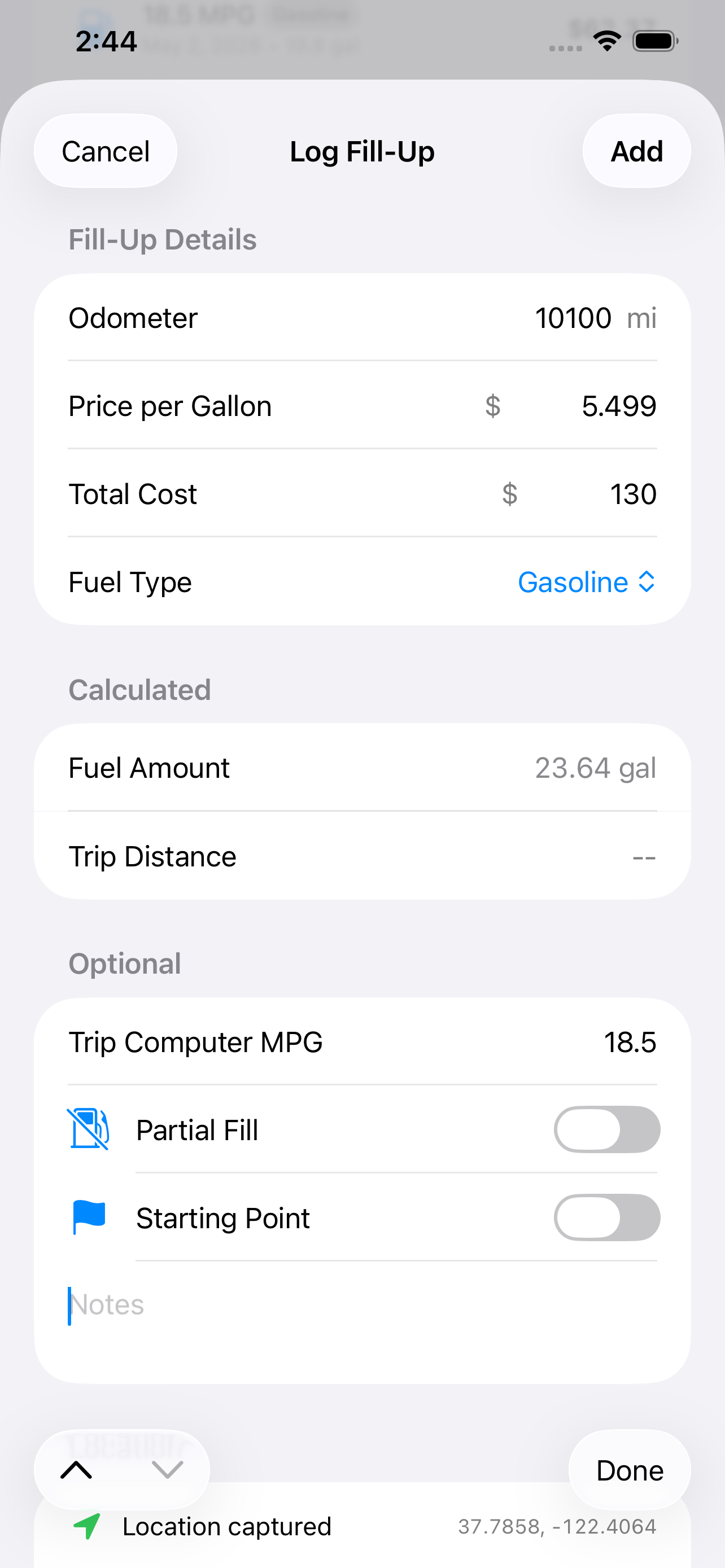 Log fill-up with odometer, price, fuel type, and calculated efficiency