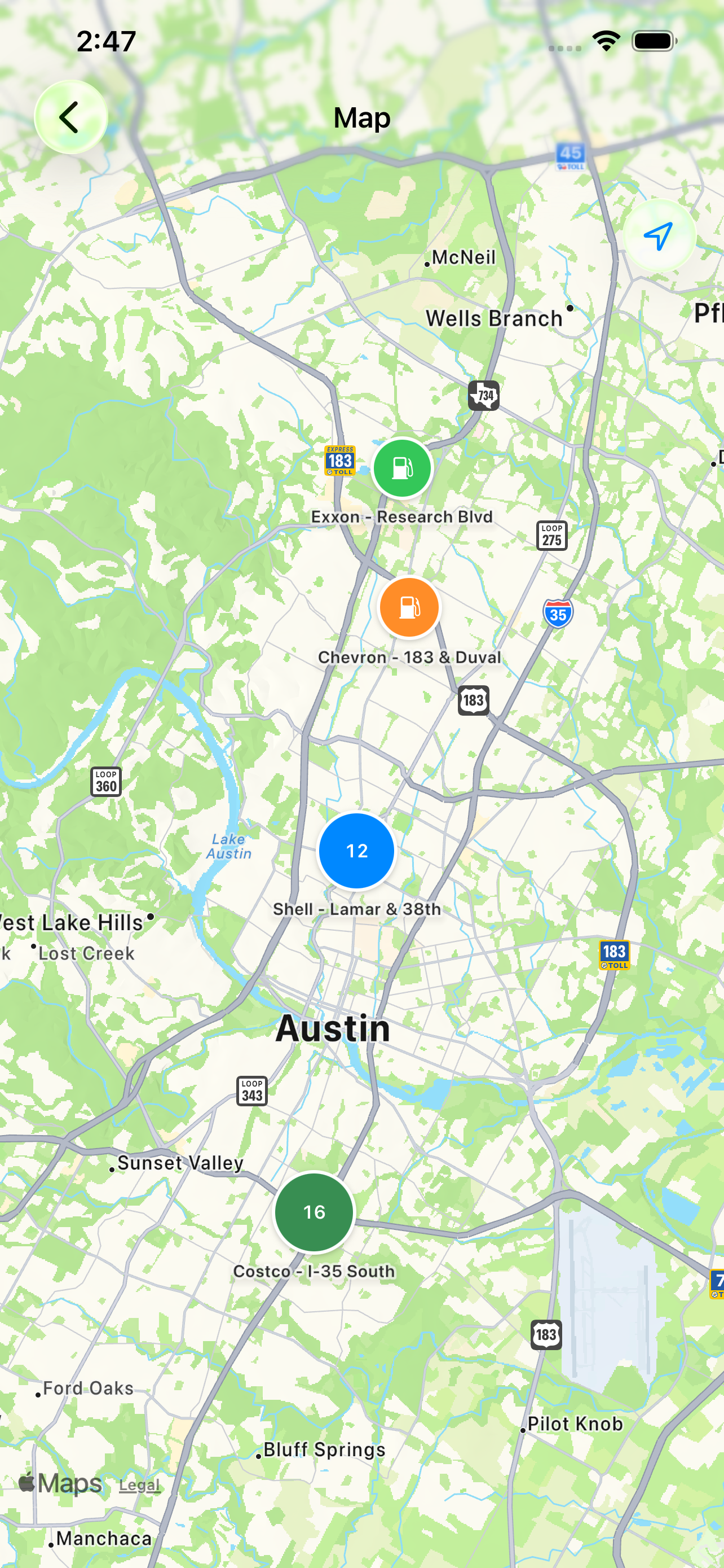 Map of fuel stations with visit-count pins