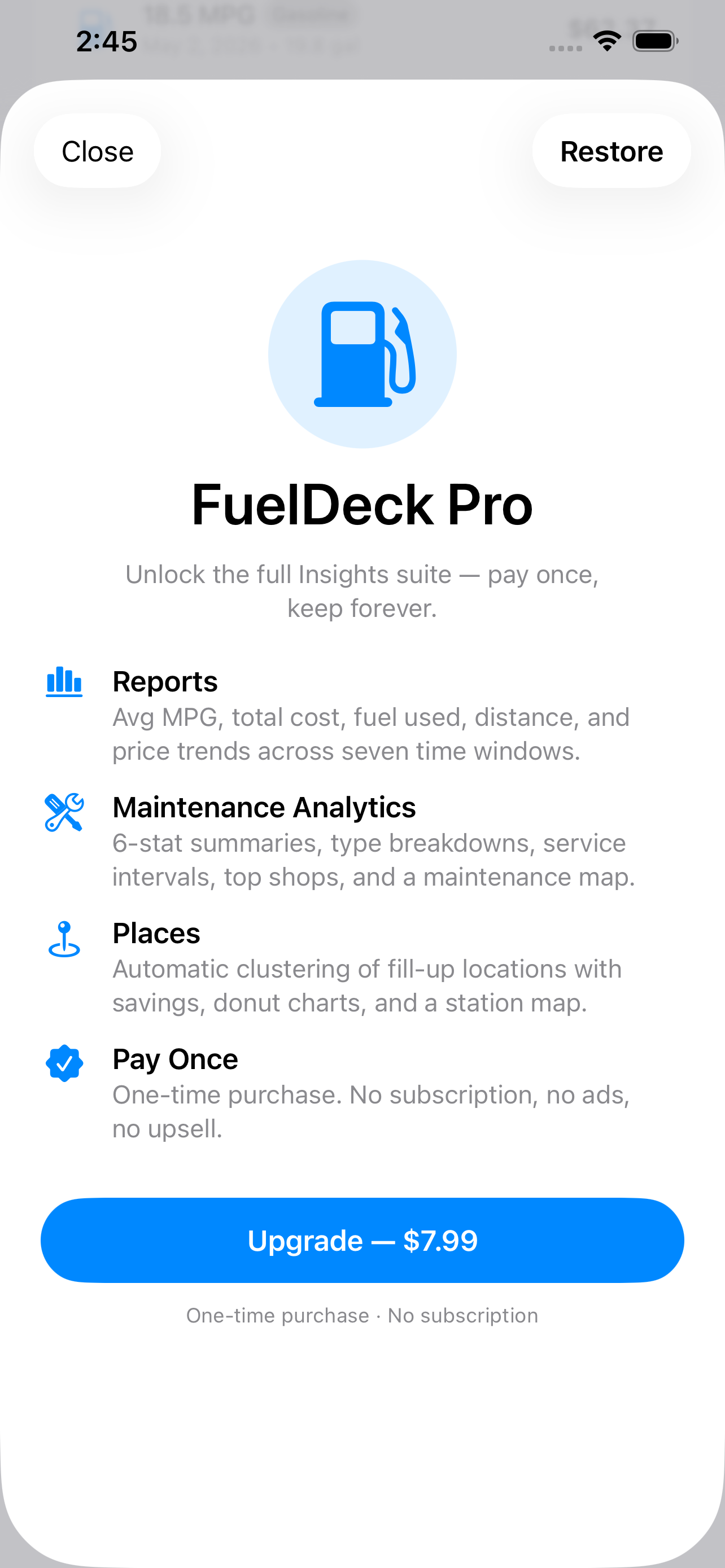 FuelDeck Pro upgrade screen