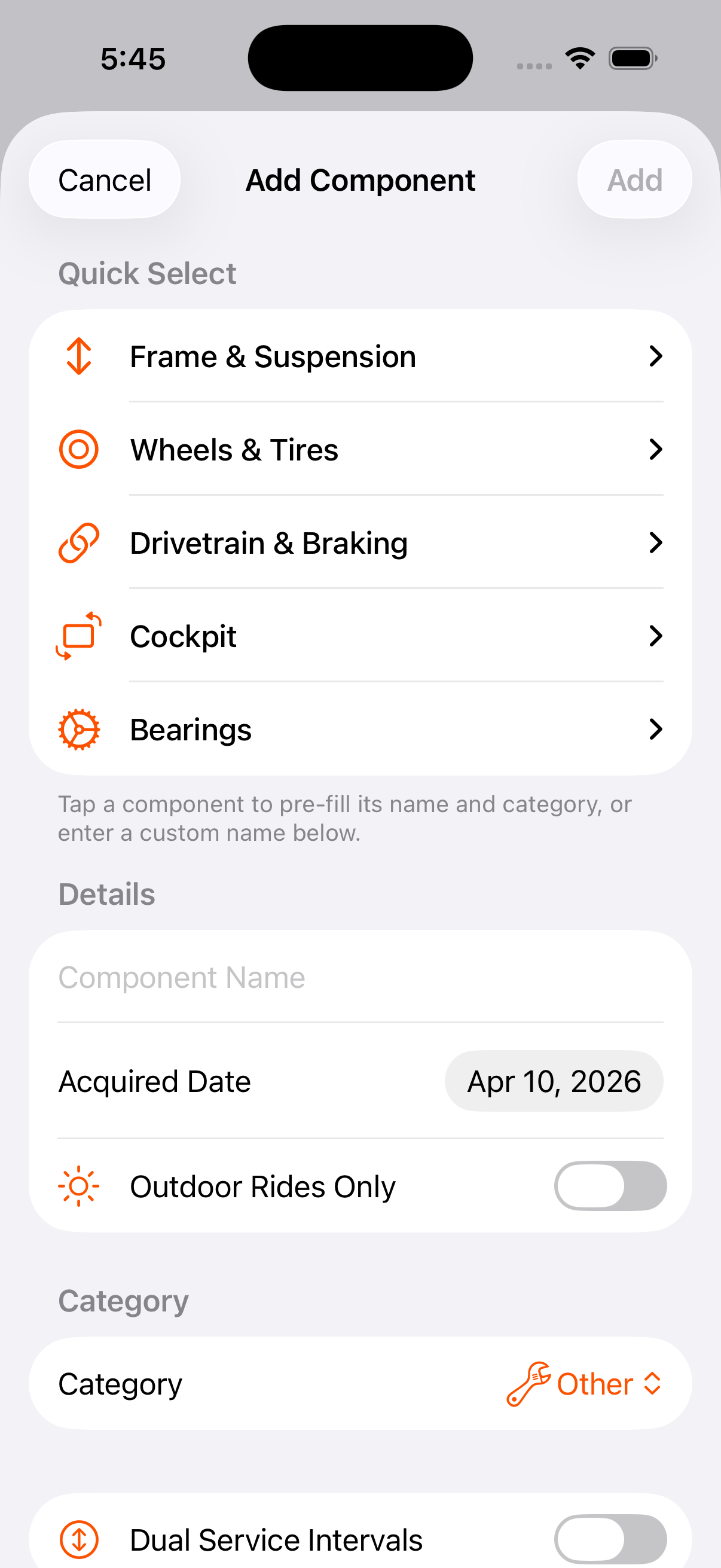 Add component with quick select categories