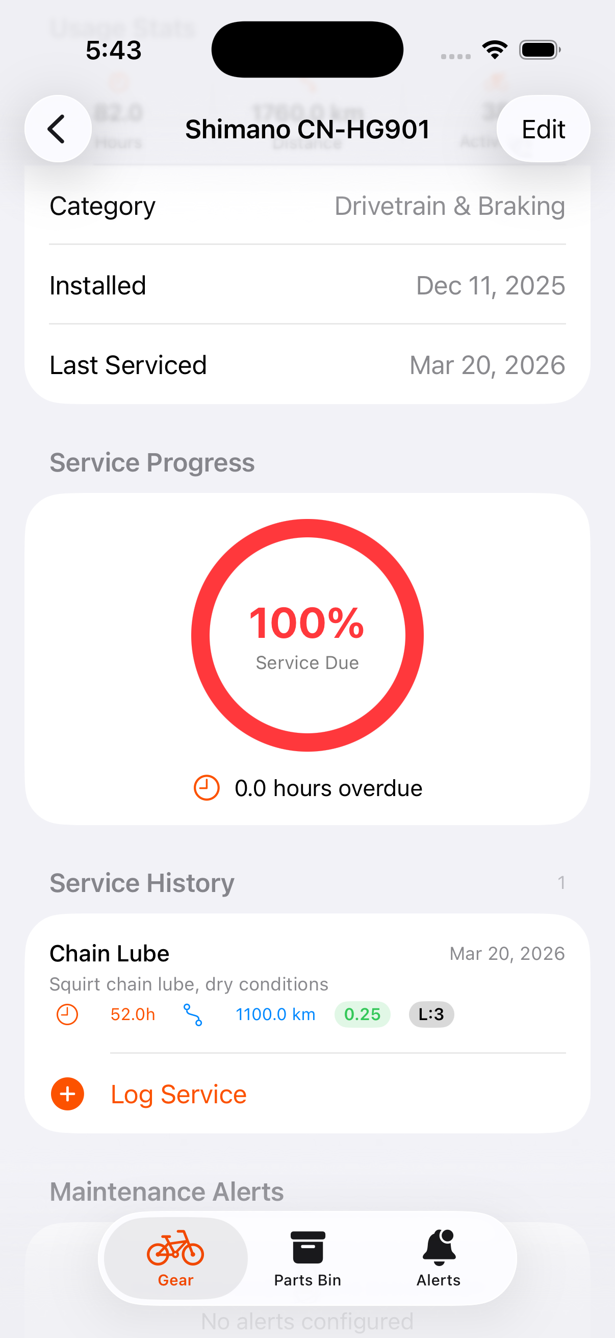 Component detail with service history and wear indicators