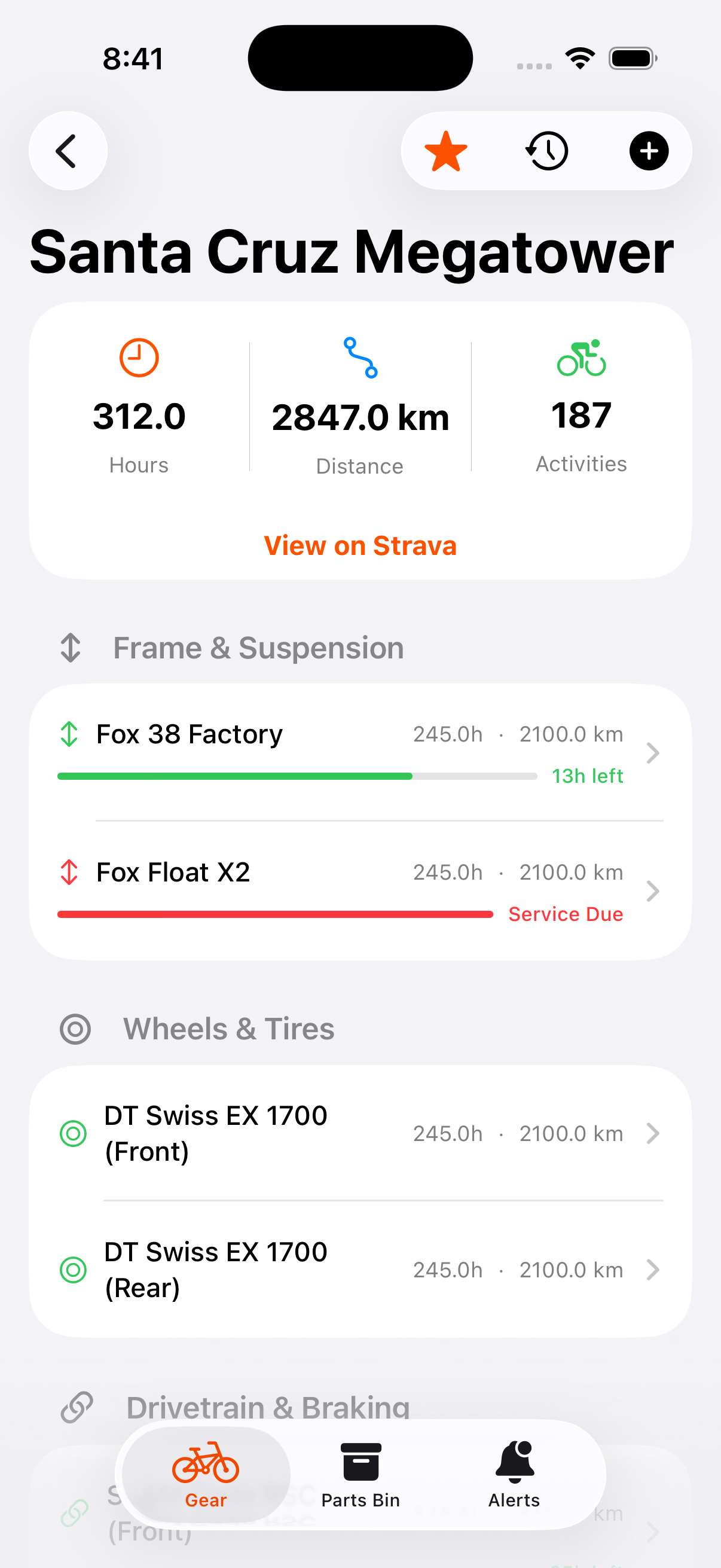 Gear detail with components and service progress
