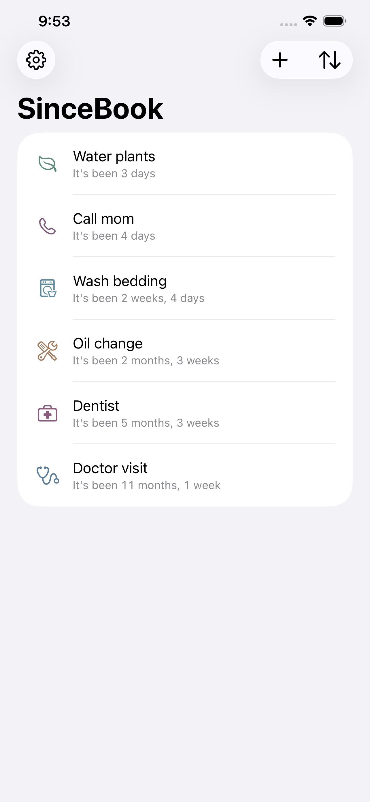 SinceBook main list with six tracked events and conversational intervals