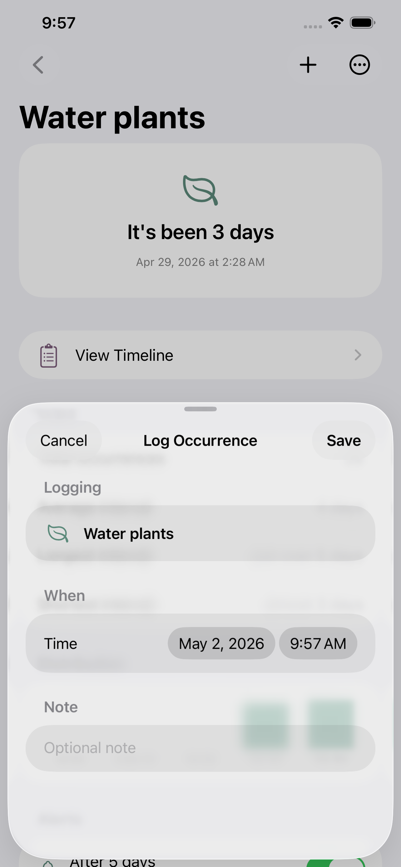 Log Sheet floating over event detail with date picker and note field