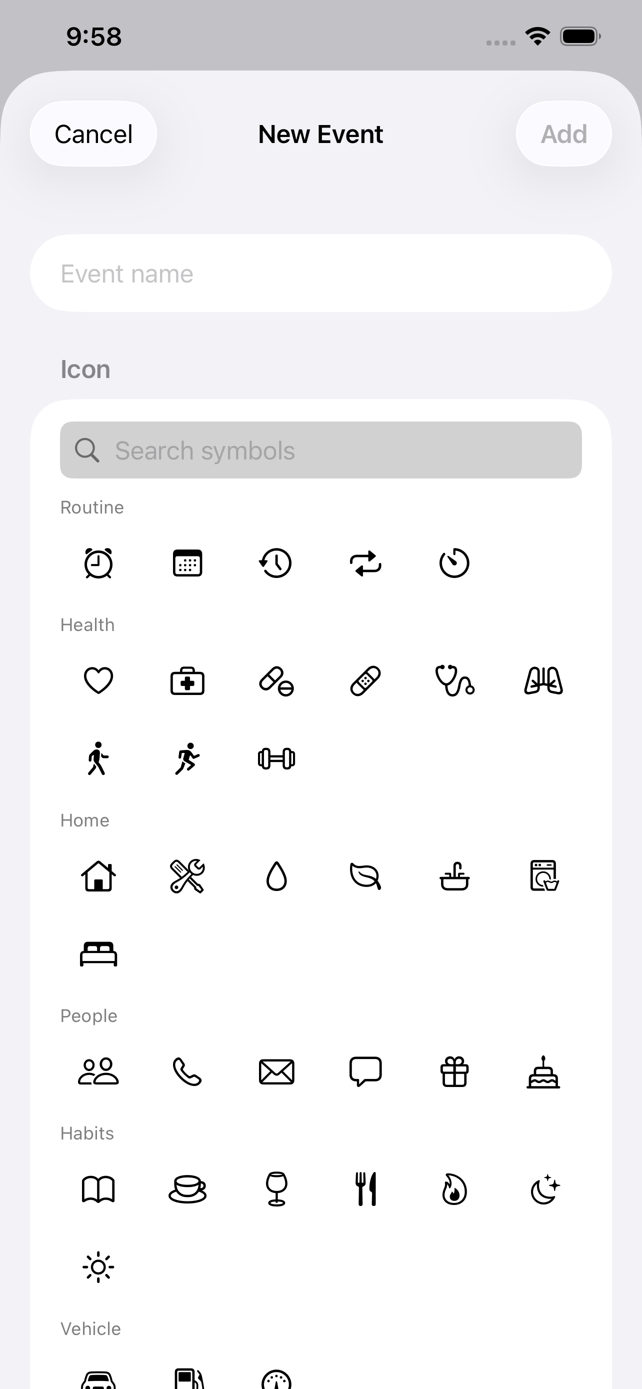 Event Editor with the SF Symbol icon picker open