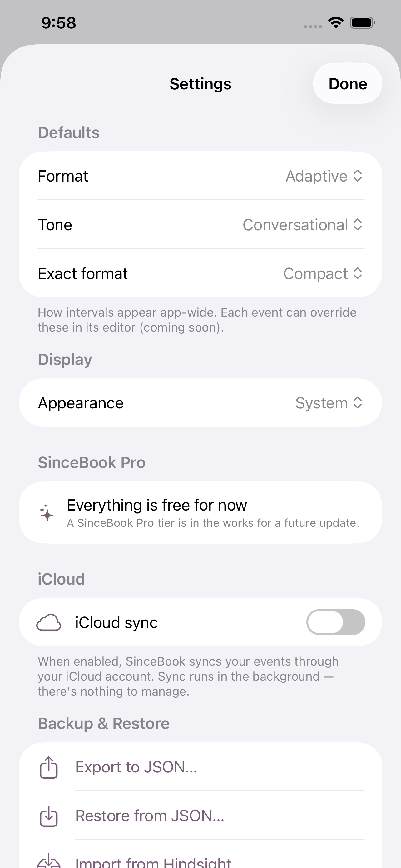 Settings screen with Defaults, Display, iCloud, and other top sections