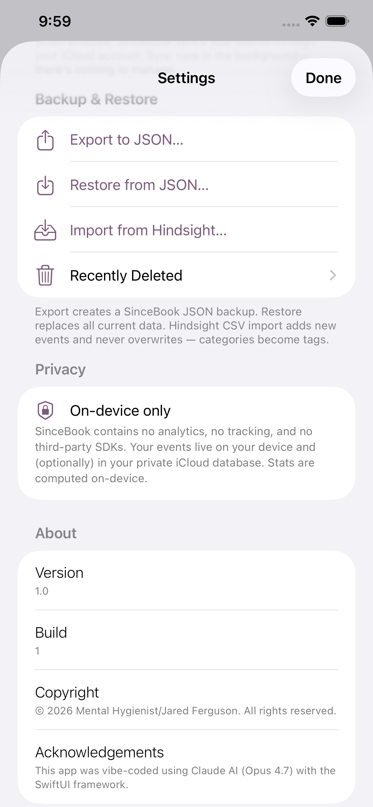 Settings screen showing Backup & Restore, Privacy, and About sections