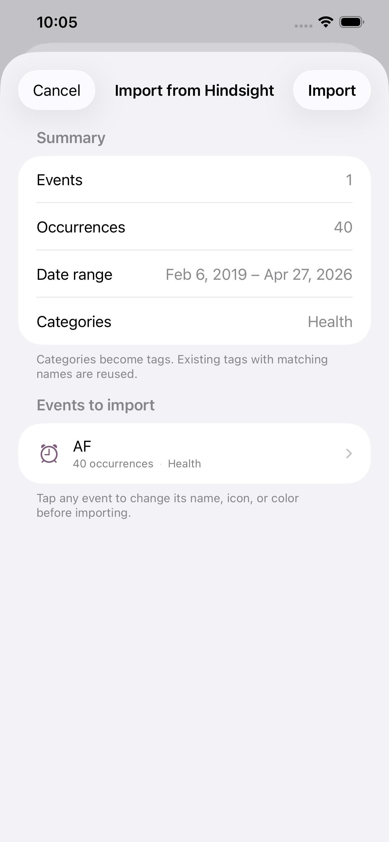 Hindsight CSV import preview screen showing summary and one event ready to import