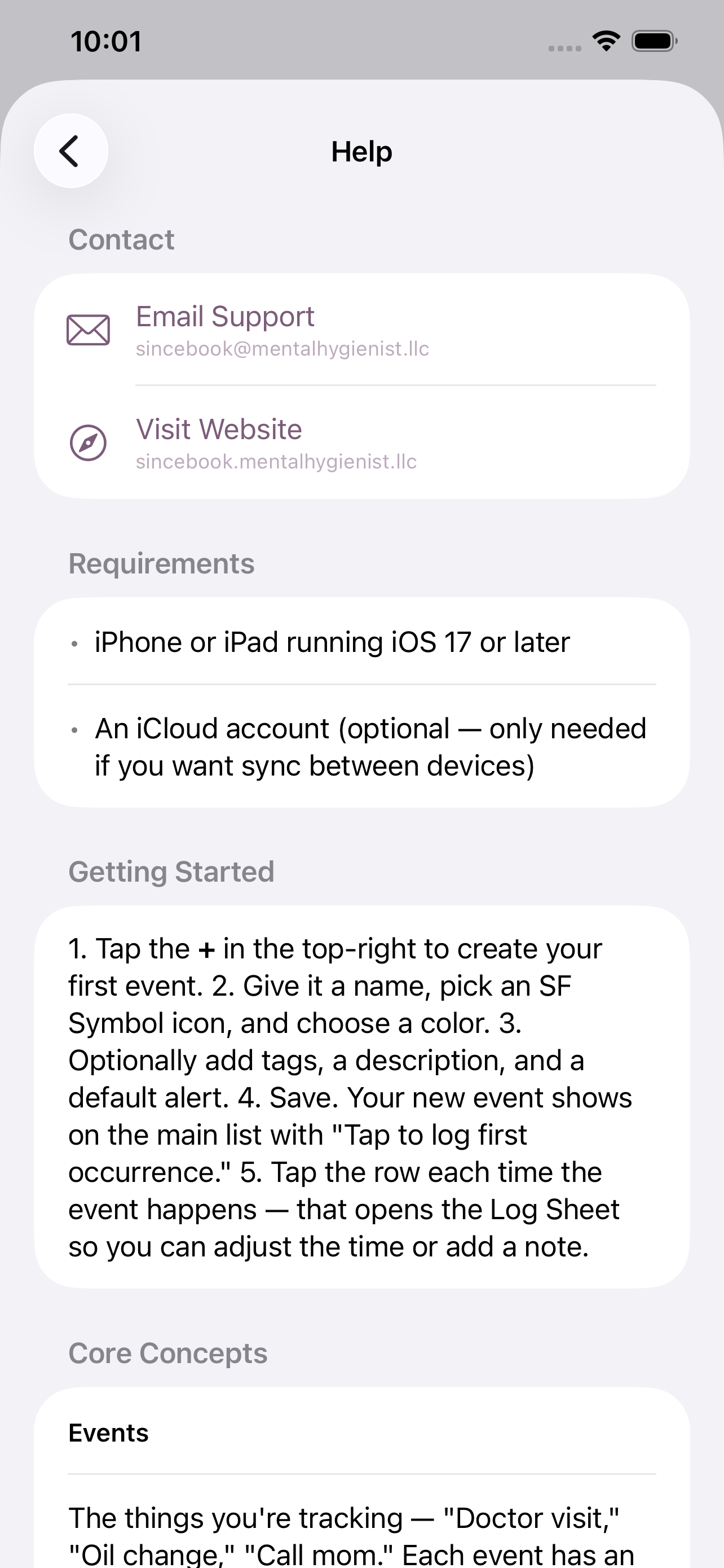In-app Help with searchable support content
