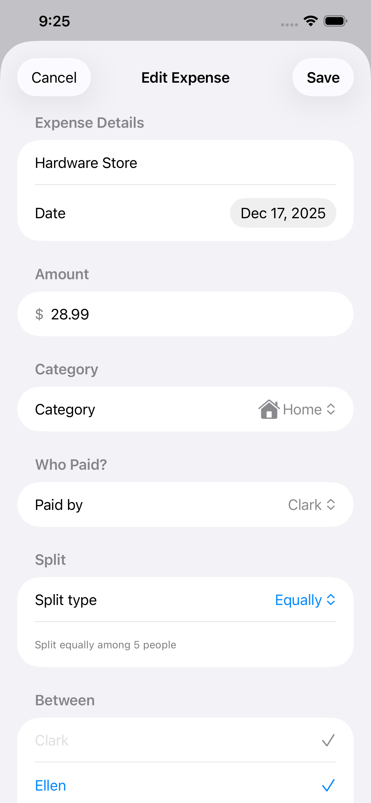 Add an expense with category, payer, and split options