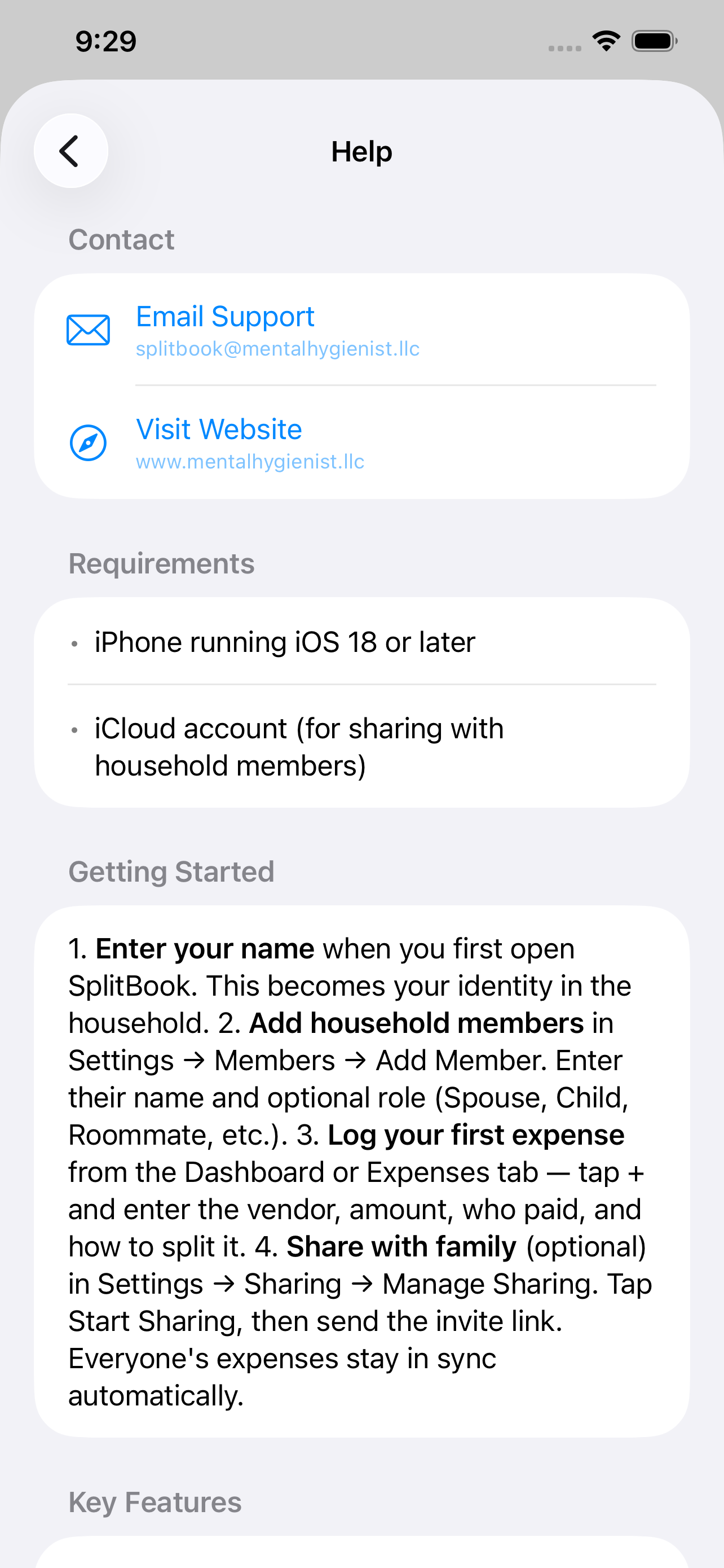 In-app Help with searchable support content